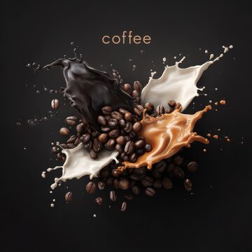 Coffee beans with swirling splashes of milk and caramel on black background