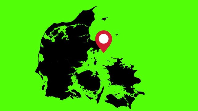 Denmark Location: A black silhouette map of Denmark with a prominent red location marker. Indicating location within a specific area or city. A visual metaphor for navigation and geography.