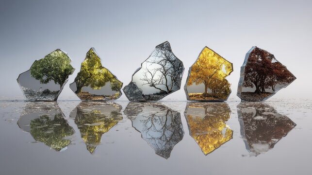 Conceptual art of seasonal trees in shattered glass mirrors on water surface