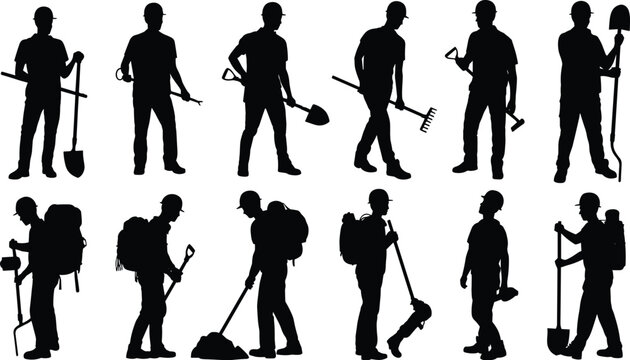Gardener worker silhouettes with tools shovel rake backpack sprayer landscaping people black shadow vector illustration set outdoor maintenance design