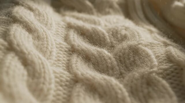 A close up view of a soft white wool sweater featuring a detailed cable knit pattern texture