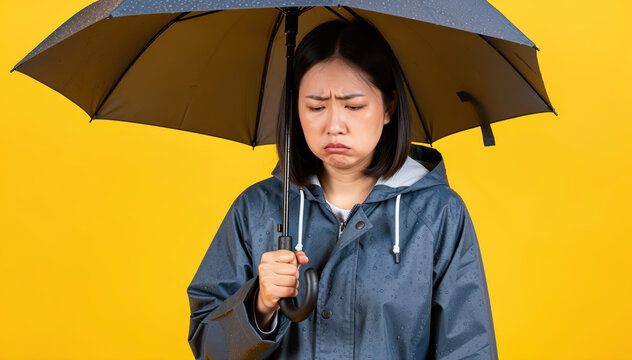 Dismal under the Umbrella: A woman, sheltering beneath an umbrella, wears a look of sorrow, her face etched with a palpable sense of despondency. Expressing feelings of sadness, vulnerability.