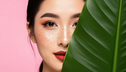 Botanical Beauty: A woman's face, partially concealed by a vibrant green leaf, showcases radiant beauty and natural allure, set against a soft, pink backdrop.