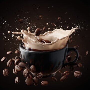 Black coffee cup with dynamic milk splash and flying roasted coffee beans