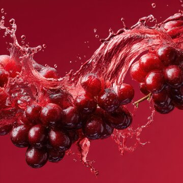 Fresh red grapes splashing with juice on red background