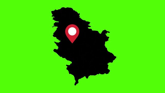 Serbia Map and Location Marker: A sleek black silhouette of Serbia, overlaid with a prominent location marker, signifying a key point within the nation, all set against a vibrant green backdrop.