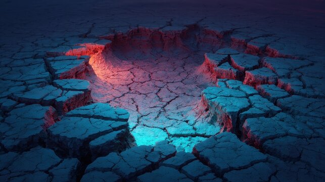 Abstract background of cracked dry earth ground with glowing neon light