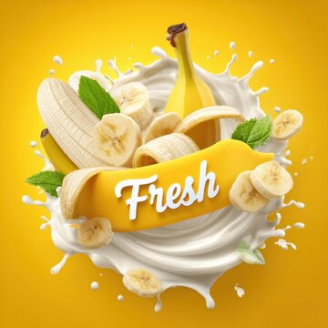 Fresh banana splashing in milk with mint leaves on yellow background