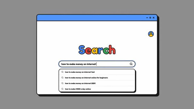 Stylized Web Browser Animation Showing Search Query "How to Make Money on Internet" with Search Results