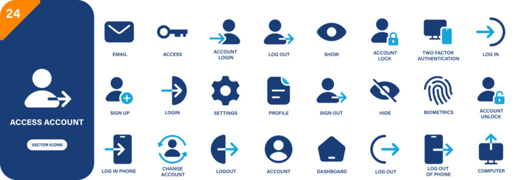 Access account icon collection featuring log in, log out, biometrics, email, sign up and account security symbols. Solid vector icons.