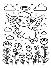 Fototapeta premium Angel Sheep in a Floral Paradise: An illustration featuring a whimsical angel sheep soaring amidst a field of flourishing flowers and fluffy clouds, evoking a sense of serenity.