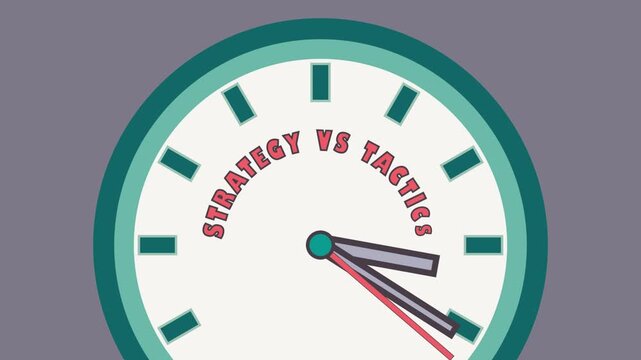 An animated graphic showing a clock face where the words strategy VS tactics slowly appear around its center