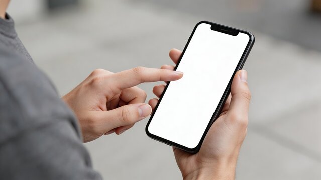Close up of man hand using smartphone with blank white screen modern mobile phone mockup for app interface design touch screen technology digital lifestyle communication concept