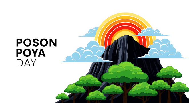 Poso Poya Day text with stylized mountain sun and trees lettering