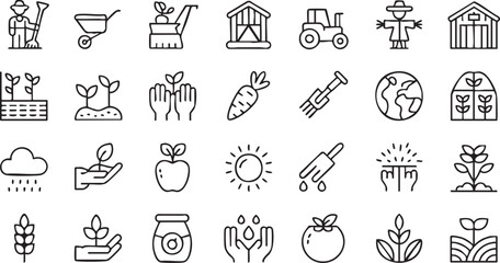 Naklejka premium Organic Farming and Plant Outline Icons Collection for Eco Projects