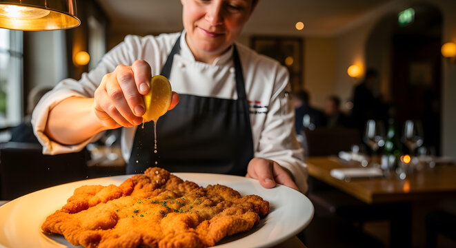 Close up of a chef adding a finishing touch of citrus to a large breaded cutlet in a high end restaurant setting
