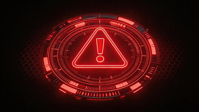 Futuristic red neon warning sign with exclamation mark inside triangle surrounded by digital HUD interface cyber security alert system error notification high tech danger symbol