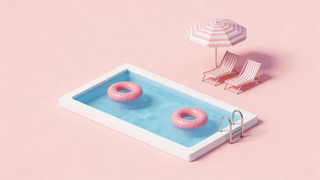 Minimalist 3D illustration of a swimming pool with pink inflatable rings striped beach umbrellas and lounge chairs on pastel pink background for summer vacation travel leisure and