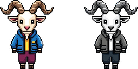 Fototapeta premium Pixel art cartoon goats wearing hoodies and pants, one in blue and purple, the other in grey and dark blue, standing side by side.