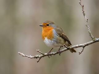 Fototapeta premium European Robin Perched on a Branch - Close-up of a Cute Bird with Orange Breast