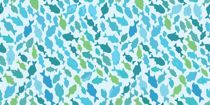A colorful repeating pattern of abstract fish shapes fills the frame