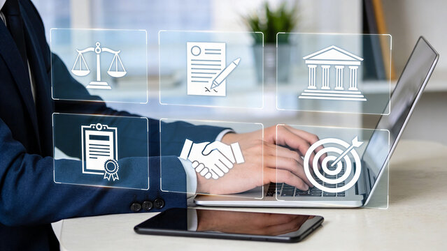 Business Legal Agreement and Partnership Concept with Digital Icons of Contract Law and Strategy