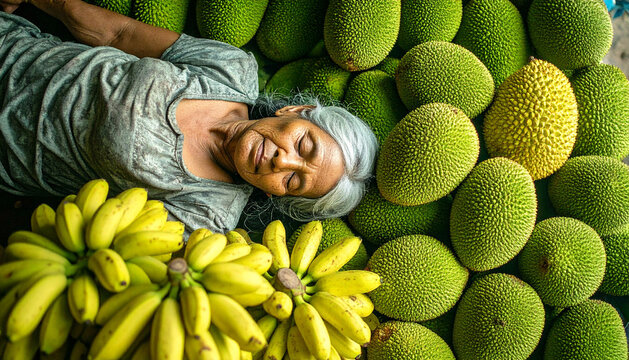 High Angle View of Senior Woman Street Vendor Sleeping Peacefully on Pile of Fresh Green Jackfruit and Yellow Bananas at Local Market