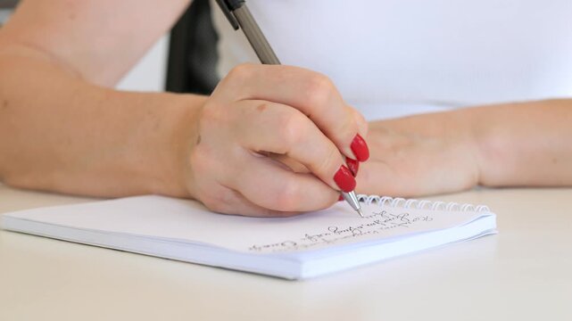 Woman is writing in a notebook. She is using a pen. The notebook is white. The woman is wearing red nail polish