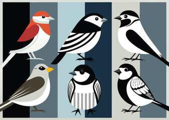 Fototapeta premium Assortment of colorful birds in geometric style against a striped background.