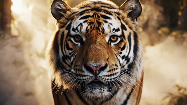 Detailed close up portrait of a majestic Bengal tiger head featuring bold black stripes and intense feline eyes as the powerful wild predator stares from the nature wilderness