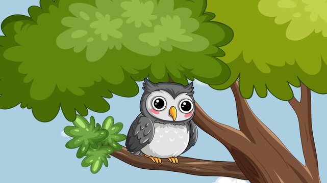 Cartoon Owl Perched on a Tree Branch in a Forest Landscape