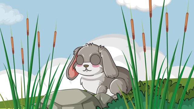 Animated Gray Rabbit in a Scenic Pond Landscape with Educational Text