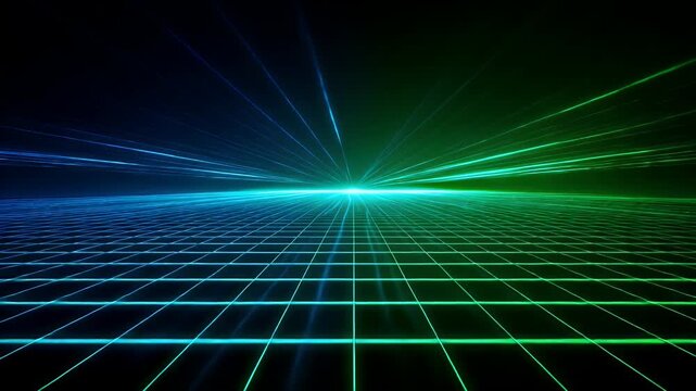 Abstract synthwave retro neon grid background with blue and green laser beams glowing in dark digital space creating futuristic cinematic motion graphics for high tech concept video footage.