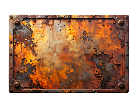 Rectangular weathered metal plate with corroded patina, bolted corners