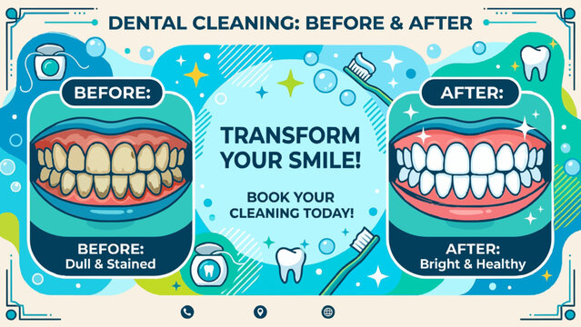 A vibrant illustration comparing dull, stained teeth before dental cleaning with bright, healthy teeth after, promoting smile transformation and booking a cleaning.