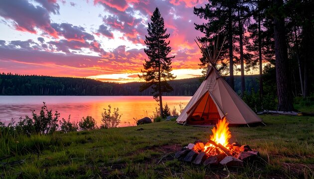 Lakeside campsite glows at sunset, tipi, campfire, trees, water, vibrant sky