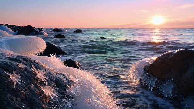 A breathtaking seascape captures a vibrant sunset over a frozen shoreline, showcasing intricate ice formations clinging to dark rocks and gently lapping waves.