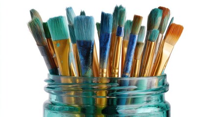 Fototapeta premium Paintbrushes in a teal glass jar, some with blue & green paint