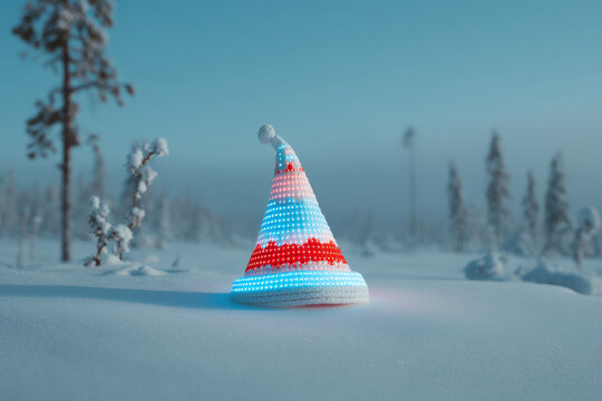 santa hat resting on wooden chair adorned with snowflakes gently falling in background