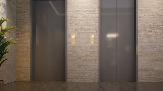 Modern Office Building Entrance with Elevator and Hallway Interior