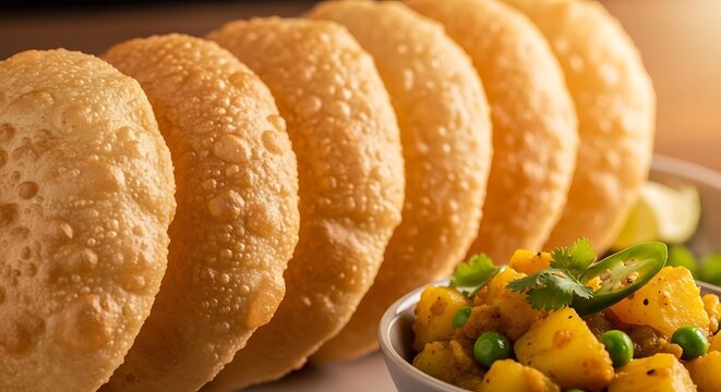 Close-up of Indian street food, poori and aloo sabzi