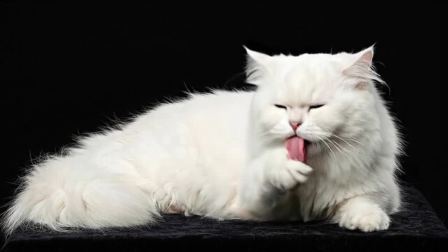 Elegant White Persian Cat Grooming on Black Background