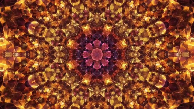 A symmetrical kaleidoscopic pattern showcases a vibrant blend of orange, brown, and purple hues, creating a mesmerizing and intricate visual experience.