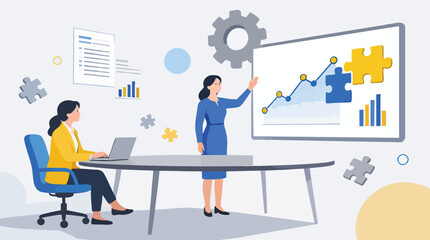 Fototapeta premium Business Presentation: Team Collaboration and Data Analysis with Jigsaw Puzzle