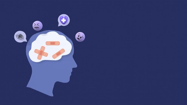 Mental Health, Healing, And Emotional Recovery Concept Animation With Copy Space For Text. Animated Human Head Silhouette With Bandaged Brain. Perfect For Therapy, Psychology, And Wellness Designs.