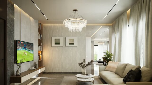 A luxury modern living room interior features a contemporary fireplace, comfortable sofa furniture, and stylish 3d design elements within a bright, high-end apartment home