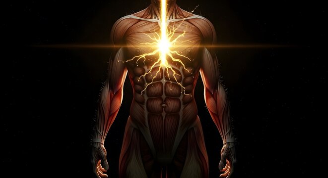Human Anatomy with Glowing Heart Light and Muscle Texture