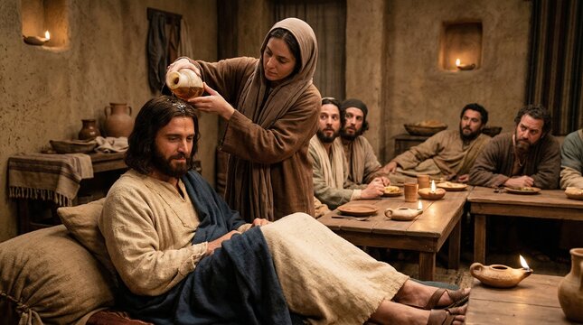 Jesus reclining at table while a woman pours oil on his head. Biblical scene of anointing Jesus for religious or historical concept.