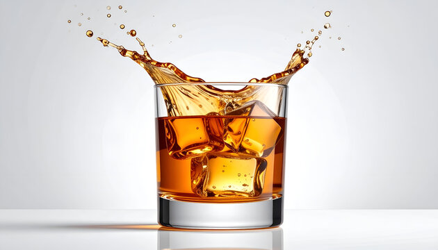 Whiskey splash in clear glass.