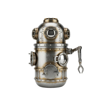 Steampunk Style Diving Robot with Mechanical Arm and Portholes Isolated on White Background
